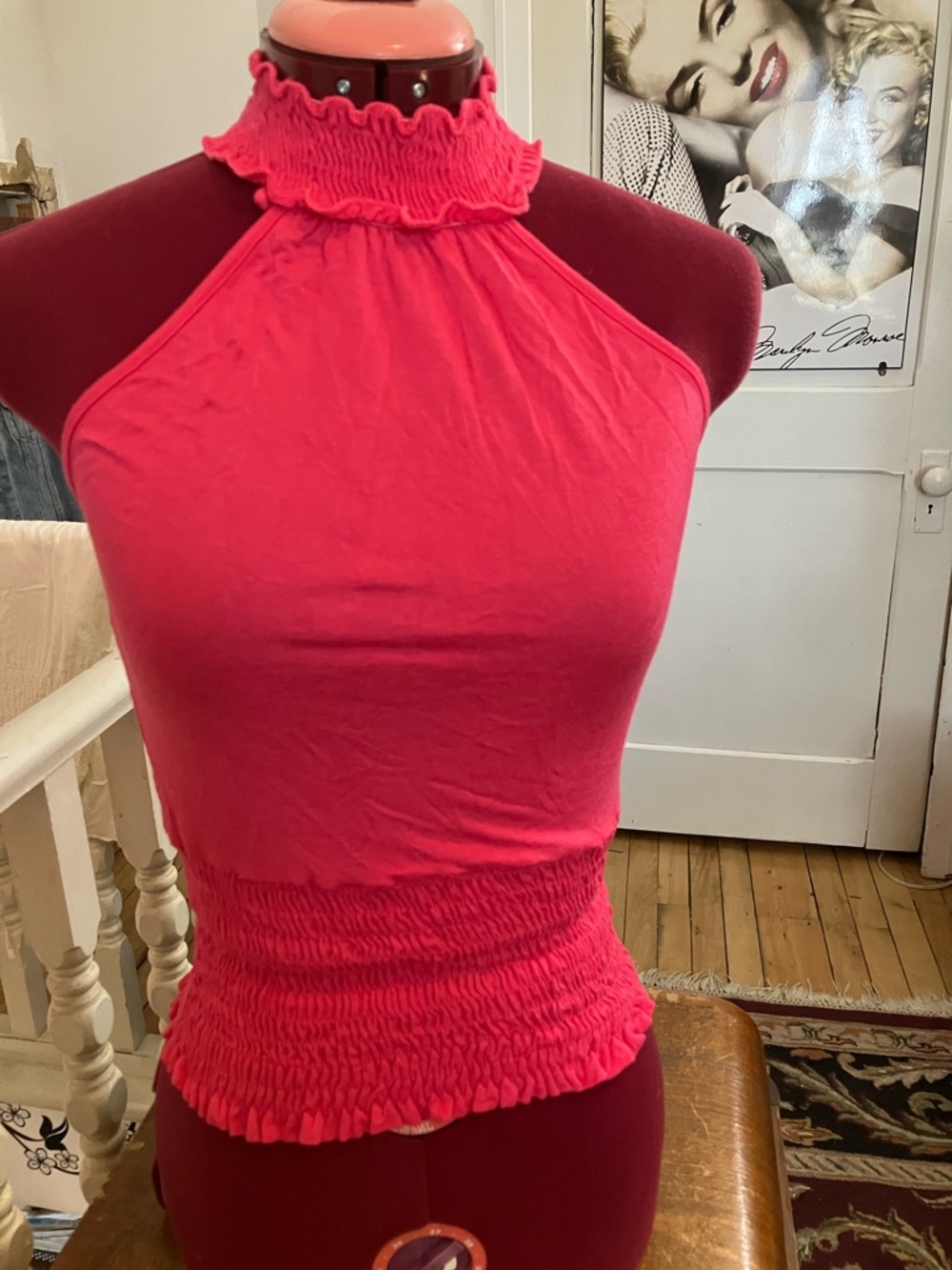 Smocked Halter Neck Sleeveless Tank Top - Hot Pink
